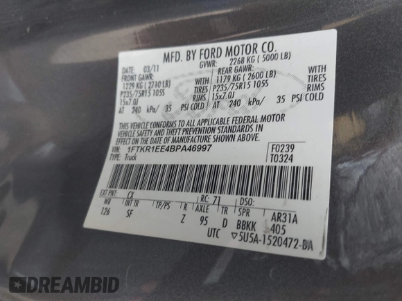 2011 Ford Ranger XL with VIN 1FTKR1EE4BPA46997, listed as a IAAI auction lot 41471483 with 217,874 mi miles. Bid and sale history available at carsss.com. Image 9.