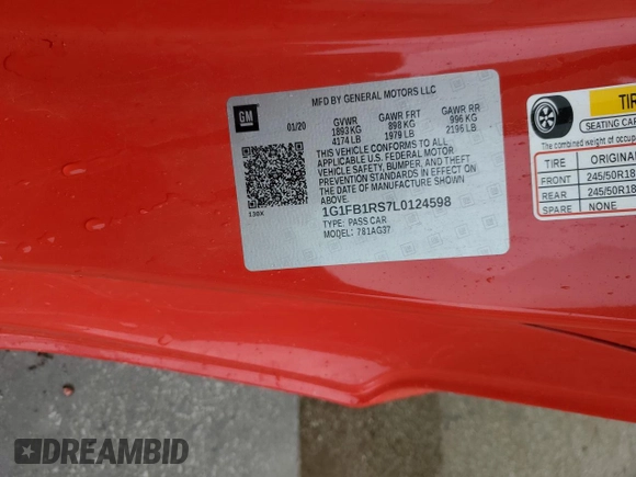 2020 Chevrolet Camaro 1LT with VIN 1G1FB1RS7L0124598, listed as a Copart auction lot 47083965 with 38,426 mi miles and Salvage Title. Bid and sale history available at DreamBid. Image 14.