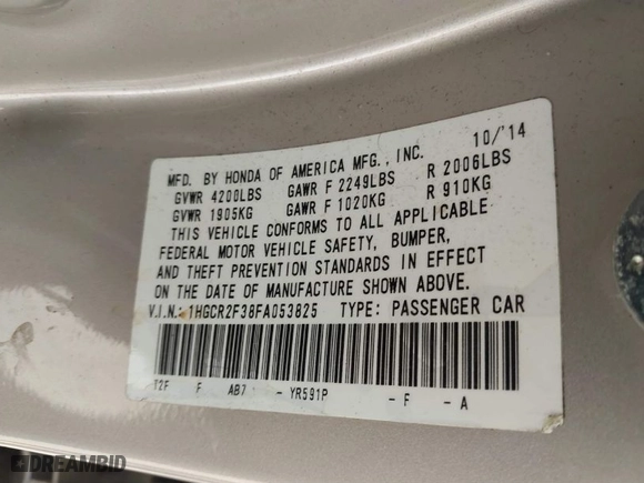 2015 Honda Accord Sedan LX with VIN 1HGCR2F38FA053825, listed as a IAAI auction lot 41671831 with 160,432 mi miles. Bid and sale history available at carsss.com. Image 9.