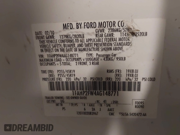 2010 Ford Taurus Limited with VIN 1FAHP2FW4AG148771, listed as a IAAI auction lot 42483726 with 185,156 mi miles and . Bid and sale history available at DreamBid. Image 9.