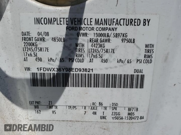 2008 Ford F-350 XL with VIN 1FDWX36Y98ED93821, listed as a Copart auction lot 64868755 with 71,667 mi miles and Clean title. Bid and sale history available at DreamBid. Image 13.