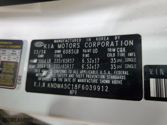 2015 Kia Sedona L with VIN KNDMA5C18F6039912, listed as a Copart auction lot 50732065 with 104,427 mi miles and Salvage Title. Bid and sale history available at carsss.com. Image 13.
