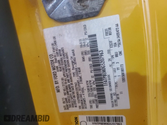 2016 Ford Mustang V6 с VIN 1FATP8EM0G5207963, выставлен на аукционе Copart как лот 65436615 с пробегом Не указан миль и Чистый • Clean title. История ставок и продаж доступна на DreamBid. Изображение 12.
