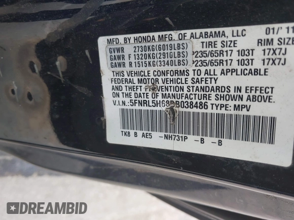 2011 Honda Odyssey EX-L с VIN 5FNRL5H68BB038486, выставлен на аукционе IAAI как лот 42380430 с пробегом 369 559 миль миль и . История ставок и продаж доступна на DreamBid. Изображение 9.