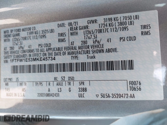 2021 Ford F-150 XL with VIN 1FTFW1E53MKE45734, listed as a IAAI auction lot 41984643 with 47,403 mi miles. Bid and sale history available at carsss.com. Image 9.