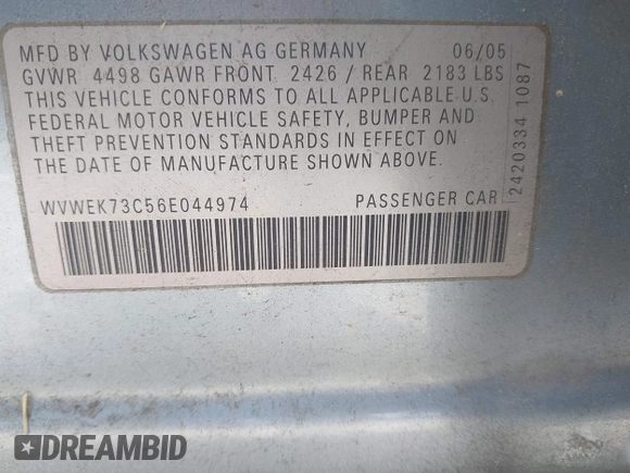2006 Volkswagen Passat Lux with VIN WVWEK73C56E044974, listed as a IAAI auction lot 42424500 with 193,554 mi miles and . Bid and sale history available at DreamBid. Image 9.