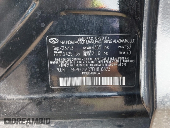 2014 Hyundai Sonata SE with VIN 5NPEC4AC7EH816873, listed as a IAAI auction lot 42026926 with 155,794 mi miles and . Bid and sale history available at DreamBid. Image 9.