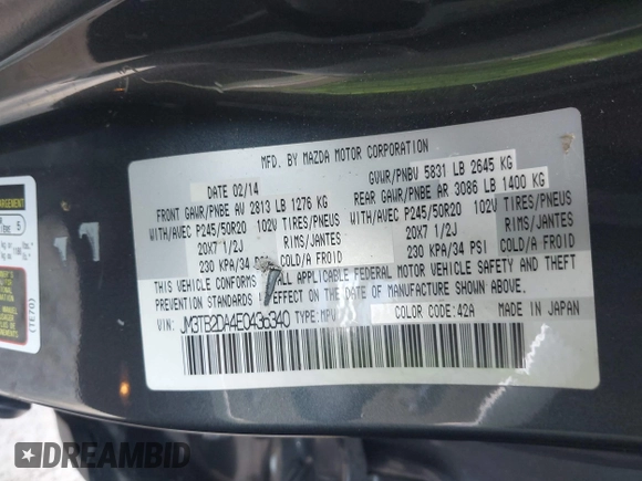 2014 Mazda CX-9 Grand Touring with VIN JM3TB2DA4E0436340, listed as a IAAI auction lot 42442249 with 102,856 mi miles and . Bid and sale history available at DreamBid. Image 9.