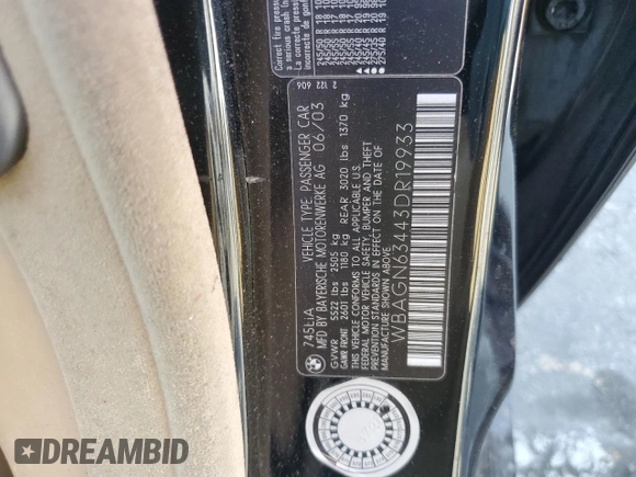 2003 BMW 7 Series 745Li с VIN WBAGN63443DR19933, выставлен на аукционе Copart как лот 56068055 с пробегом Не указан миль и Списание • Salvage title. История ставок и продаж доступна на DreamBid. Изображение 13.