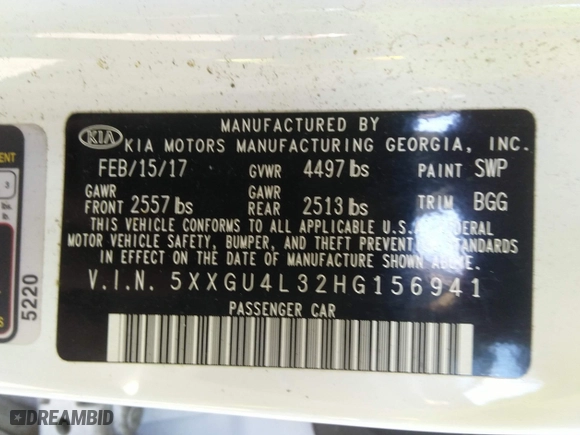 2017 Kia Optima EX with VIN 5XXGU4L32HG156941, listed as a IAAI auction lot 40299001 with 128,592 mi miles. Bid and sale history available at carsss.com. Image 9.