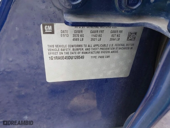 2013 Chevrolet Volt with VIN 1G1RA6E45DU128549, listed as a IAAI auction lot 41903293 with 125,635 mi miles. Bid and sale history available at carsss.com. Image 9.