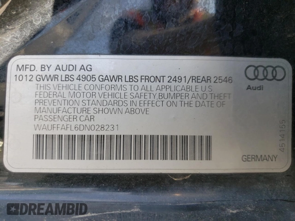 2013 Audi A4 Premium Plus with VIN WAUFFAFL6DN028231, listed as a Copart auction lot 53315575 with 101,561 mi miles and Salvage Title. Bid and sale history available at carsss.com. Image 14.