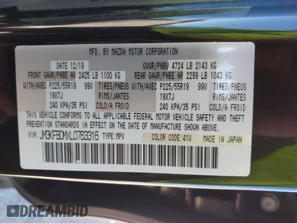 2020 Mazda CX-5 Grand Touring with VIN JM3KFBDMXL0763316, listed as a IAAI auction lot 41661958 with 64,881 mi miles and . Bid and sale history available at carsss.com. Image 9.