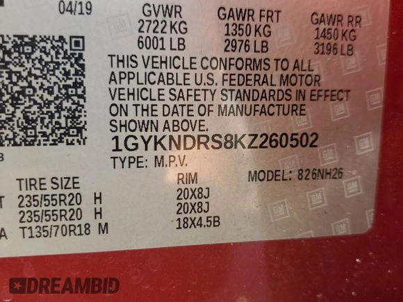 2019 Cadillac XT5 Luxury AWD with VIN 1GYKNDRS8KZ260502, listed as a Copart auction lot 54790965 with 32,910 mi miles and Salvage Title. Bid and sale history available at carsss.com. Image 14.