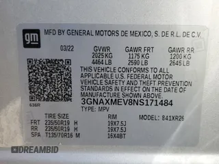 2022 Chevrolet Equinox RS with VIN 3GNAXMEV8NS171484, listed as a Copart auction lot 47122295 with 46,888 mi miles and Salvage Title. Bid and sale history available at DreamBid. Image 14.