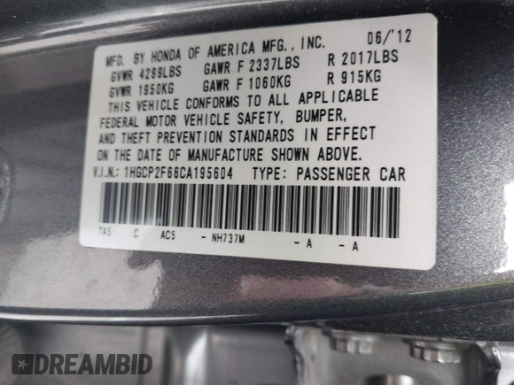 2012 Honda Accord SE z VIN 1HGCP2F66CA195604, wystawiony jako IAAI lot #42073000 z przebiegiem 206 501 mil mil oraz . Historia ofert i sprzedaży dostępna na DreamBid. Obrazek 9.