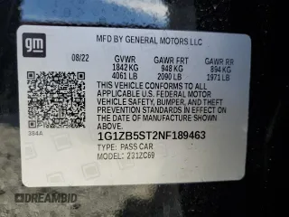 2022 Chevrolet Malibu LS with VIN 1G1ZB5ST2NF189463, listed as a Copart auction lot 49659835 with 44,484 mi miles and Salvage Title. Bid and sale history available at DreamBid. Image 12.