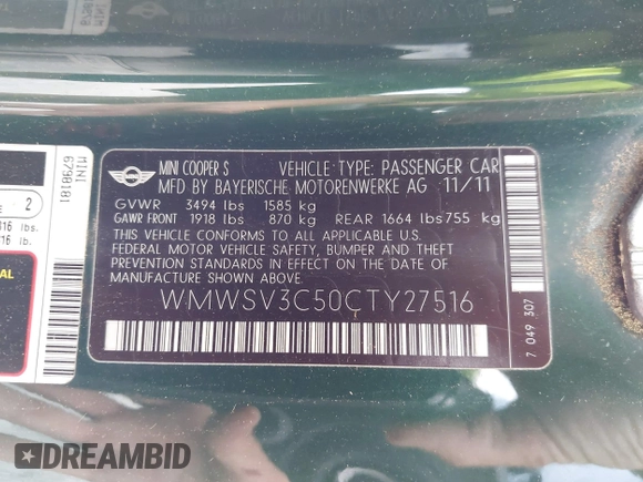 2012 MINI Hardtop S with VIN WMWSV3C50CTY27516, listed as a IAAI auction lot 42218627 with 216,999 mi miles and . Bid and sale history available at DreamBid. Image 9.