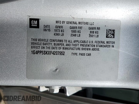 2015 Buick Verano with VIN 1G4PP5SKXF4207952, listed as a Copart auction lot 57675475 with 45,771 mi miles and Salvage title. Bid and sale history available at DreamBid. Image 12.
