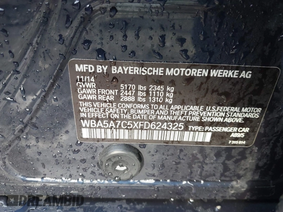 2015 BMW 5 Series 528i xDrive with VIN WBA5A7C5XFD624325, listed as a IAAI auction lot 41528322 with 111,054 mi miles and . Bid and sale history available at carsss.com. Image 9.