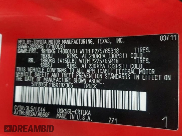 2011 Toyota Tundra Limited с VIN 5TFBY5F11BX197365, выставлен на аукционе Copart как лот 56376495 с пробегом 221 854 миль миль и Чистый • Clean title. История ставок и продаж доступна на DreamBid. Изображение 12.