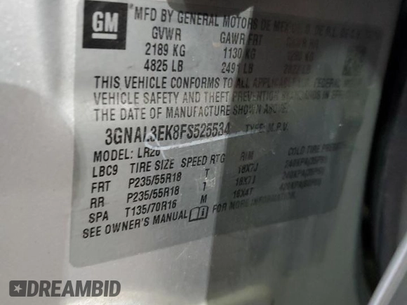 2015 Chevrolet Captiva Sport LT with VIN 3GNAL3EK8FS525534, listed as a Copart auction lot 78382184 with 95,070 mi miles and Salvage Title. Bid and sale history available at DreamBid. Image 15.