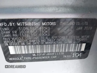 2019 Mitsubishi Mirage G4 SE with VIN ML32F4FJ4KHF11378, listed as a IAAI auction lot 41632278 with 63,395 mi miles. Bid and sale history available at carsss.com. Image 9.