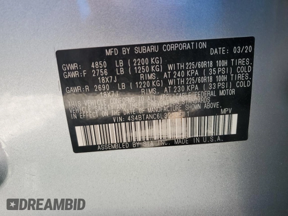 2020 Subaru Outback Limited z VIN 4S4BTANC6L3200601, wystawiony jako Copart lot #53046185 z przebiegiem 49 719 mil mil oraz Szkoda całkowita • Salvage title. Historia ofert i sprzedaży dostępna na DreamBid. Obrazek 12.