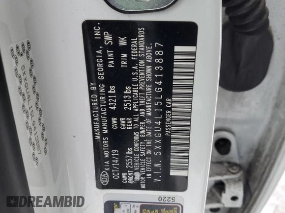 2020 Kia Optima EX Premium with VIN 5XXGU4L15LG413887, listed as a Copart auction lot 42337615 with 64,154 mi miles and Salvage Title. Bid and sale history available at carsss.com. Image 13.