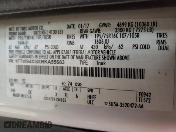 2017 Ford Transit with VIN 1FTWS4XGXHKA55683, listed as a Copart auction lot 77044594 with 101,431 mi miles and Salvage Title. Bid and sale history available at carsss.com. Image 13.