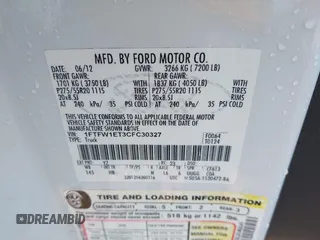 2012 Ford F-150 XL with VIN 1FTFW1ET3CFC30327, listed as a IAAI auction lot 42402128 with 214,410 mi miles and . Bid and sale history available at DreamBid. Image 9.