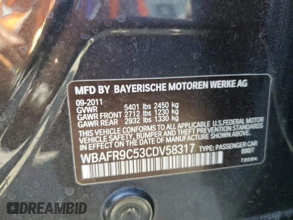 2012 BMW 5 Series 550i with VIN WBAFR9C53CDV58317, listed as a Copart auction lot 48125105 with 94,173 mi miles and Salvage Title. Bid and sale history available at carsss.com. Image 12.