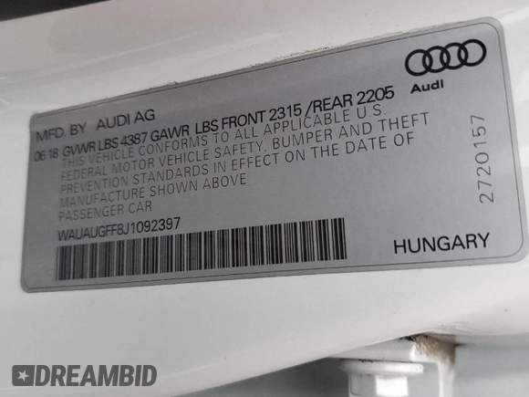2018 Audi A3 Sedan Premium with VIN WAUAUGFF8J1092397, listed as a Copart auction lot 44392573 with 20,309 mi miles. Bid and sale history available at carsss.com. Image 12.