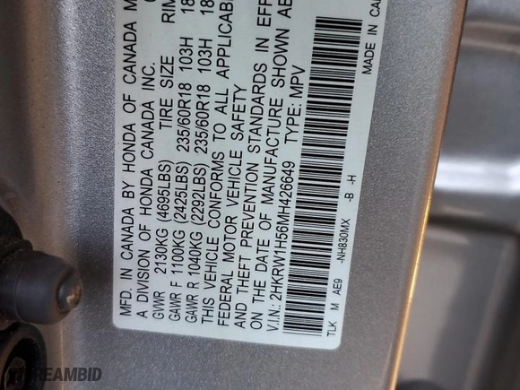 2021 Honda CR-V EX with VIN 2HKRW1H56MH426649, listed as a Copart auction lot 47090955 with 32,939 mi miles and Salvage Title. Bid and sale history available at carsss.com. Image 12.