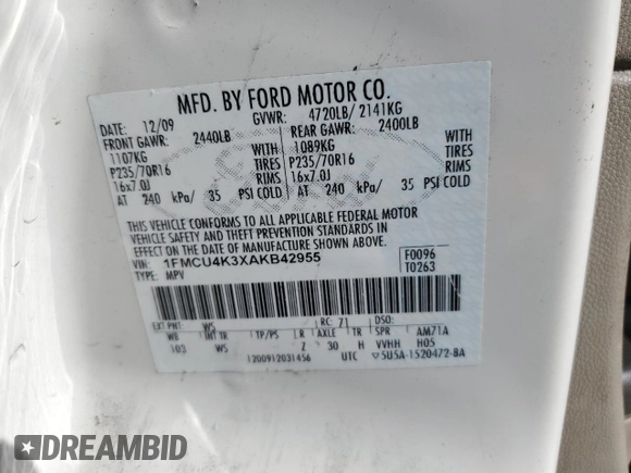 2010 Ford Escape Hybrid with VIN 1FMCU4K3XAKB42955, listed as a Copart auction lot 57533165 with 389,929 mi miles and Clean title. Bid and sale history available at DreamBid. Image 13.