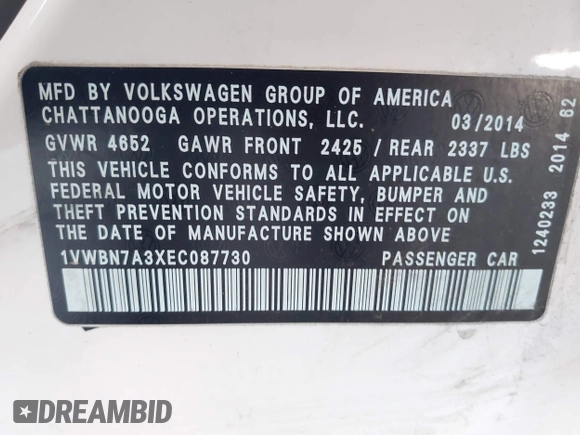 2014 Volkswagen Passat SE с VIN 1VWBN7A3XEC087730, выставлен на аукционе IAAI как лот 42374482 с пробегом 199 449 миль миль и . История ставок и продаж доступна на DreamBid. Изображение 9.