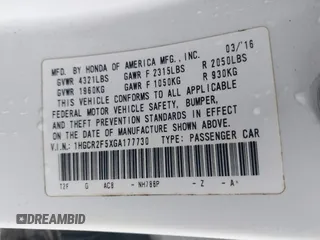2016 Honda Accord Sport with VIN 1HGCR2F5XGA177730, listed as a IAAI auction lot 42367078 with 186,502 mi miles and . Bid and sale history available at DreamBid. Image 9.