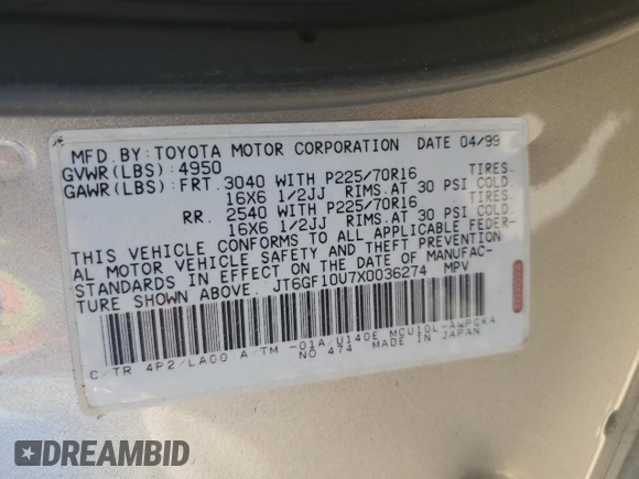 1999 Lexus RX 300 z VIN JT6GF10U7X0036274, wystawiony jako Copart lot #57787864 z przebiegiem 211 369 mil mil oraz Szkoda całkowita • Salvage title. Historia ofert i sprzedaży dostępna na DreamBid. Obrazek 13.