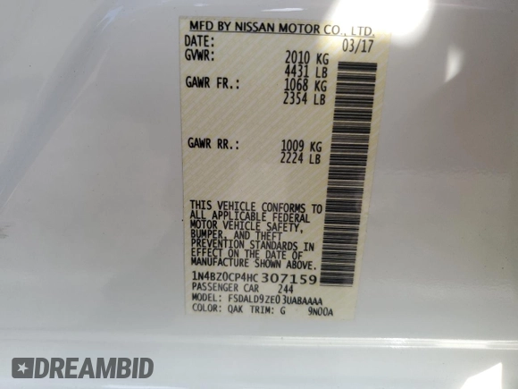2017 Nissan LEAF SL with VIN 1N4BZ0CP4HC307159, listed as a Copart auction lot 86142364 with 44,144 mi miles and Salvage Title. Bid and sale history available at carsss.com. Image 13.