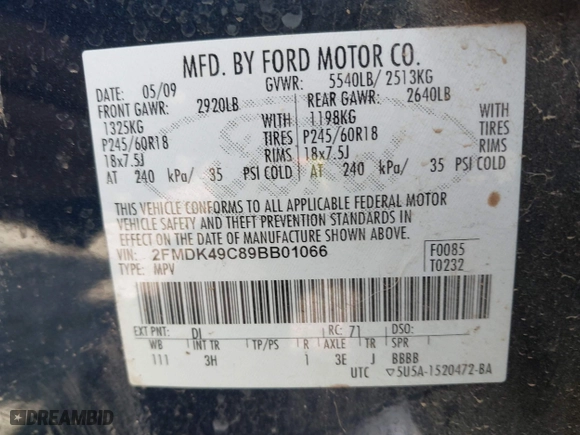 2009 Ford Edge Limited with VIN 2FMDK49C89BB01066, listed as a IAAI auction lot 41932580 with 197,647 mi miles. Bid and sale history available at carsss.com. Image 9.