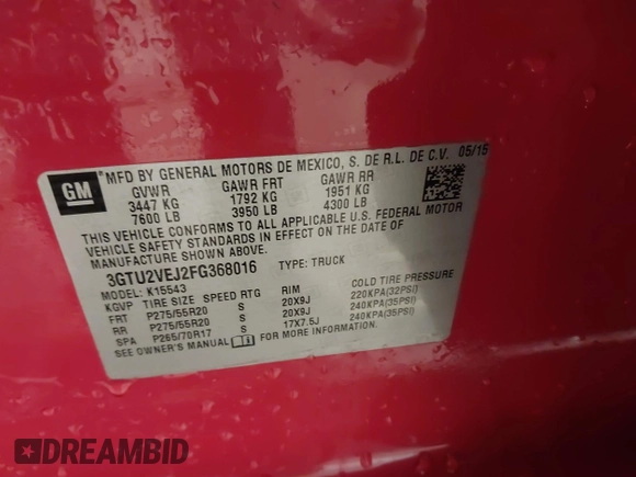 2015 GMC Sierra 1500 SLT with VIN 3GTU2VEJ2FG368016, listed as a IAAI auction lot 41392634 with 91,980 mi miles and . Bid and sale history available at DreamBid. Image 9.