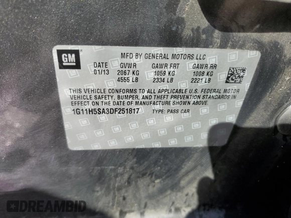 2013 Chevrolet Malibu LTZ with VIN 1G11H5SA3DF251817, listed as a Copart auction lot 50431045 with 174,191 mi miles and Salvage Title. Bid and sale history available at DreamBid. Image 15.
