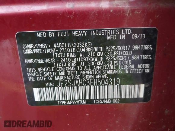 2014 Subaru Forester 2.5i Limited with VIN JF2SJAHC3EH504319, listed as a IAAI auction lot 41866393 with 114,062 mi miles. Bid and sale history available at carsss.com. Image 9.