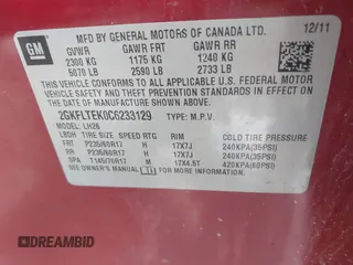 2012 GMC Terrain SLE-2 with VIN 2GKFLTEK0C6233129, listed as a IAAI auction lot 41455757 with 136,073 mi miles. Bid and sale history available at carsss.com. Image 9.