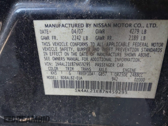 2007 Nissan Altima 2.5 with VIN 1N4AL21E87N459295, listed as a IAAI auction lot 41774811 with 1 mi miles. Bid and sale history available at carsss.com. Image 9.