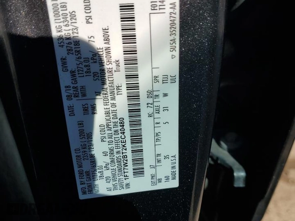2019 Ford Super Duty F-250 SRW XL with VIN 1FT7W2BT2KEC40480, listed as a Copart auction lot 40177334 with 0 mi miles and Salvage Title. Bid and sale history available at carsss.com. Image 12.