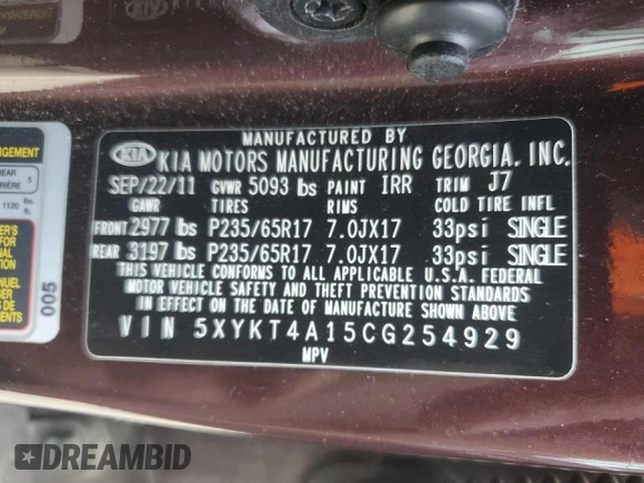 2012 Kia Sorento LX with VIN 5XYKT4A15CG254929, listed as a Copart auction lot 45902405 with 95,579 mi miles and Salvage Title. Bid and sale history available at DreamBid. Image 12.