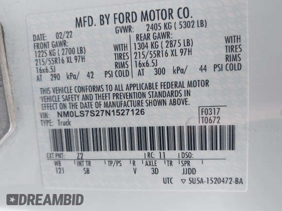 2022 Ford Transit Connect XL with VIN NM0LS7S27N1527126, listed as a IAAI auction lot 41624985 with 57,306 mi miles and . Bid and sale history available at DreamBid. Image 9.