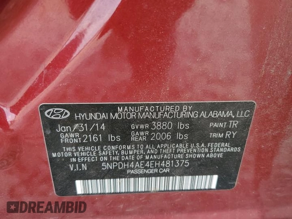 2014 Hyundai Elantra SE with VIN 5NPDH4AE4EH481375, listed as a Copart auction lot 58931095 with 187,303 mi miles and Salvage title. Bid and sale history available at DreamBid. Image 13.