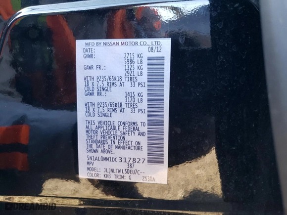 2013 Infiniti JX35 with VIN 5N1AL0MM1DC317827, listed as a Copart auction lot 54539185 with 256,226 mi miles and Clean Title. Bid and sale history available at carsss.com. Image 13.
